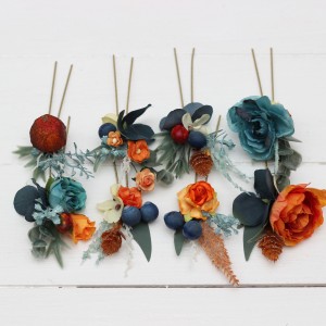 Set of 8 hair pins in teal rust blue orange color scheme. Hair accessories. Flower accessories for wedding. 0034