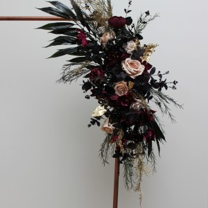  Flower arch arrangement in deep purple black gold beige colors.  Arbor flowers. Floral archway. Faux flowers for wedding arch. Halloween wedding. 5194