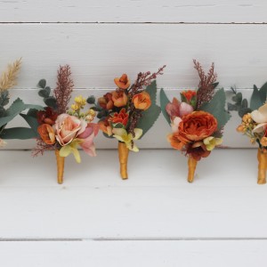  Wedding boutonnieres and wrist corsage  in orange rust peach color theme. Flower accessories. 0001