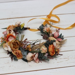  Orange rust peach crown. Hair wreath. Flower girl crown. Wedding flowers. 0001