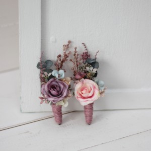  Wedding boutonnieres and wrist corsage  in pastel color theme.Dusty rose purple pink flower accessories. 0004