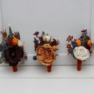  Wedding boutonnieres and wrist corsage  in rust burgundy  ivory color theme. Flower accessories. 0007