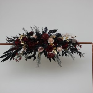  Flower arch arrangement in burgundy black gold beige colors.  Arbor flowers. Floral archway. Faux flowers for Halloween wedding arch. 0018