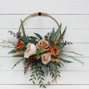 Flower hoop .Rust brown ivory colors. Alternative bridesmaid bouquet. 0019
