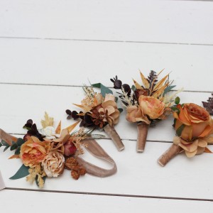  Wedding boutonnieres and wrist corsage  in rust brown ivory color theme. Flower accessories. 0019