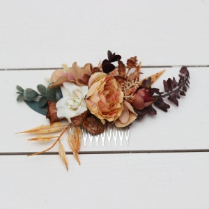 Flower comb in rust brown ivory color scheme. Wedding accessories for hair. Bridal flower comb. Bridesmaid floral comb. 0019