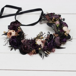 Deep purple black gold beige flower crown. Hair wreath. Flower girl crown. Wedding flowers. Halloween wedding. 5194