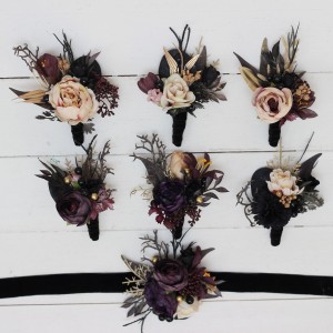  Wedding boutonnieres and wrist corsage  in purple black gold beige color theme. Flower accessories. BLACK