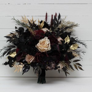 Wedding bouquets in deep purple black gold beige colors. Bridal bouquet. Cascading bouquet. Faux bouquet. Bridesmaid bouquet. Halloween wedding. Gothic black wedding bouquet. 5194