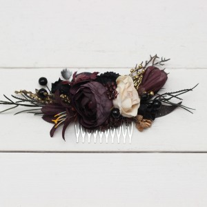 Halloween wedding. Deep purple black gold beige floral comb. Wedding accessories for hair. Bridal flower comb. Bridesmaid floral comb. 5194