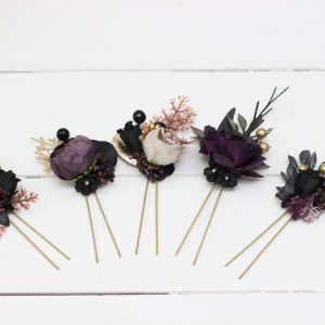  Set of 5 hair pins in deep purple black gold beige color scheme. Hair accessories. Flower accessories for wedding. 5194