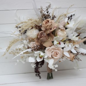 Wedding bouquets in beige white brown colors. Bridal bouquet. Cascading bouquet. Faux bouquet. Bridesmaid bouquet.Orchid bouquet.  0026