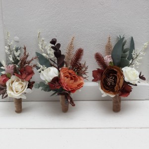  Wedding boutonnieres and wrist corsage  in beige terracotta white blush pink color theme. Flower accessories. 0027