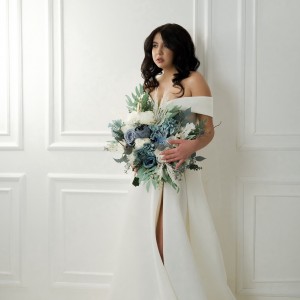 Wedding bouquets in dusty blue white colors. Bridal bouquet. Cascading bouquet. Faux bouquet. Bridesmaid bouquet. 0508
