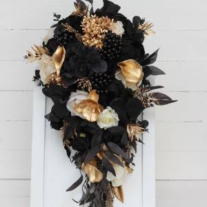 Wedding bouquets in ivory black gold colors. Bridal bouquet. Cascading bouquet. Faux bouquet. Bridesmaid bouquet.Gothic black wedding bouquet. 5159