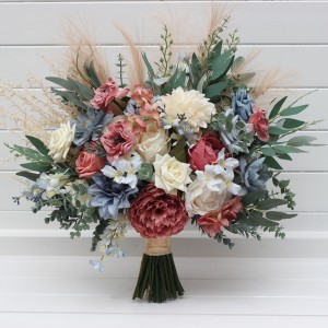 Ivory, dusty blue, dusty rose bridal and bridesmaid bouquets with pampas grass in boho style. Faux wedding flowers.  5397