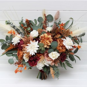 Bouquets in cinnamon ivory burgundy orange color theme. Bridal bouquet. Faux bouquet. Bridesmaid bouquet. 5287