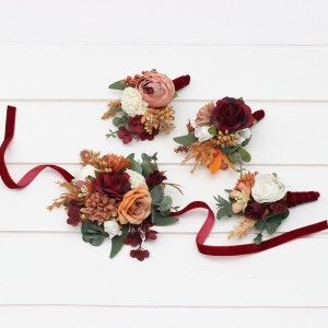  Wedding boutonnieres and wrist corsage  in cinnamon ivory burgundy orange color scheme. Flower accessories. 5287