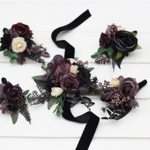  Wedding boutonnieres and wrist corsage  in deep purple black ivory green color scheme. Flower accessories. 5289