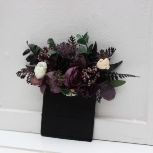 Pocket boutonniere in deep purple black ivory green color scheme. Flower accessories. Pocket flowers. Square flowers. 5289