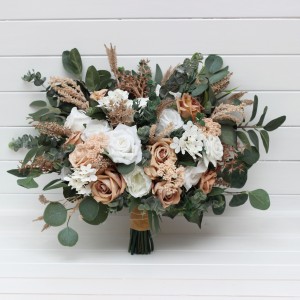 Bouquets in beige tan white color theme. Bridal bouquet. Faux bouquet. Bridesmaid bouquet. 5290