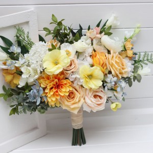 Spring summer wedding. Cascading bouquet. Orange peach yellow dusty blue flowers. Faux bouquet. Bridal bouquet. Boho wedding. Bridesmaid bouquet. 5291