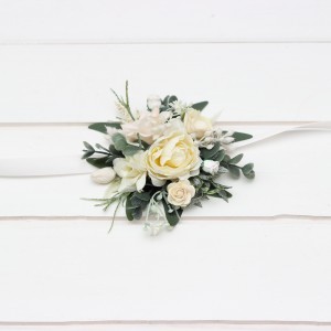  Wedding boutonniere and wrist corsage  in white and ivory color scheme. Flower accessories. 5021-1