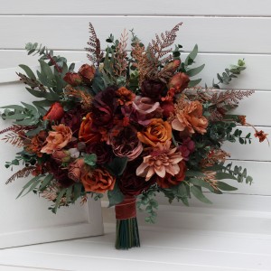Bouquets in burgundy dusty rose terracotta rust color theme. Bridal bouquet. Faux bouquet. Bridesmaid bouquet. 5294