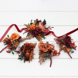  Wedding boutonnieres and wrist corsage  in burgundy dusty rose terracotta rust color scheme. Flower accessories. 5294