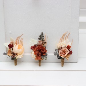  Wedding boutonnieres and wrist corsage  in terracotta brown creamcolor scheme. Flower accessories. 5100