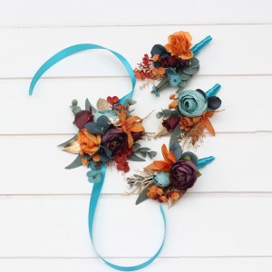  Wedding boutonnieres and wrist corsage  in teal rust gold plum color scheme. Flower accessories. 5222