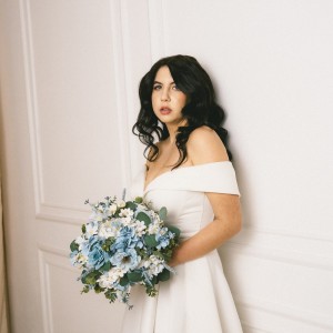 Dusty blue sky blue white bridal bouquet. Peonies roses anemones bouquet .Bridesmaid flowers. Pale blue wedding flowers. Boho wedding. Sage green. Bridesmaid bouquet. 5296