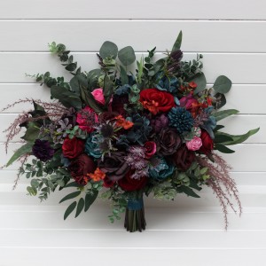 Jewel-tone wedding. Purple red magenta bouquet . Burgundy teal rust flowers. Bridal bouquet. Faux bouquet. Bridesmaid bouquet. Cascading bouquet. 5297