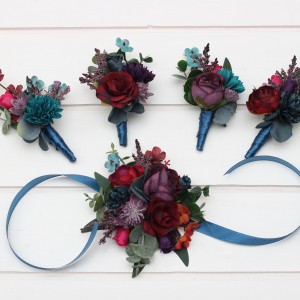  Wedding boutonnieres and wrist corsage. Flower accessories. Purple magenta accessories .Burgundy teal flowers. 5297