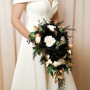 Bouquets in hunter green ivory black gold color scheme. Bridal bouquet in classic and cascade style. Faux wedding flowers. Bridesmaid bouquet. 5300 Bouquets in hunter green ivory black gold color scheme. Bridal bouquet in classic and cascade style. Faux wedding flowers. Bridesmaid bouquet. 5300