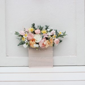 Pocket boutonniere in blush pink white peach yellow color scheme. Flower accessories. Pocket flowers. Square flowers. 5301