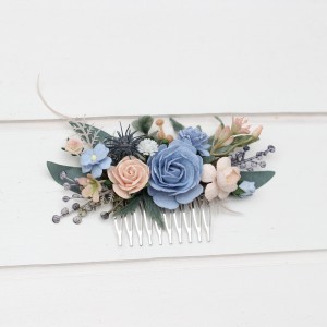 Flower comb in dusty blue peach blush pink color scheme. Wedding accessories for hair. Bridal flower comb. Bridesmaid floral comb. 5302
