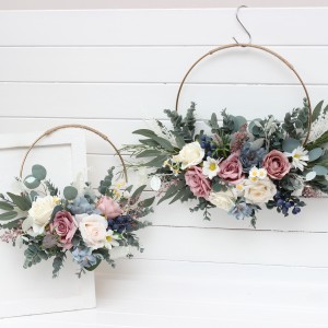 Flower hoops in dusty mauve dusty blue ivory colors. Alternative bridesmaid bouquet. 5303