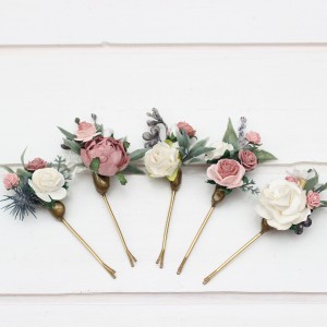  Set of  5 bobby pins in  dusty blue dusty mauve ivory color scheme. Hair accessories. Flower accessories for wedding.  Bridesmaid gift. 5303