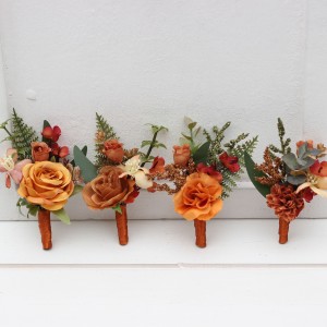  Wedding boutonnieres and wrist corsage  in rust orange color scheme. Flower accessories. 5213