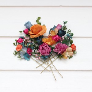  Set of  5 hair pins in  jewel-tone colors. Hair accessories. Flower accessories for wedding.  5187