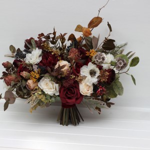 Burgundy ivory white brown flowers. Bridal bouquet. Faux bouquet. Fall wedding bouquet. Silk flowers. Boho wedding. Brown oliva greenery. Bridal bouquet. Faux bouquet. Bridesmaid bouquet. 5310
