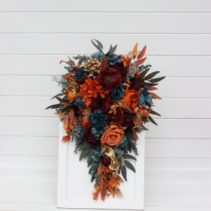 Teal rust gold cascading bouquet. Orange burgundy bridal bouquet. Fall wedding. Silk flowers. Boho wedding. Halloween wedding. Jewel-tone wedding. 5311