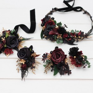  Wedding boutonnieres and wrist corsage  in black burgundy gold color scheme. Flower accessories. 5305