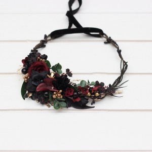 Black burgundy gold  flower crown. Hair wreath. Flower girl crown. Wedding flowers. 5305