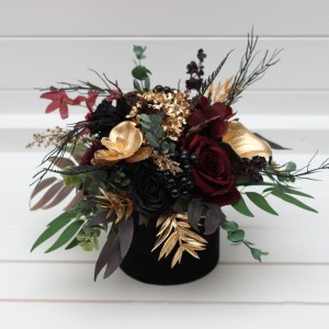 Black burgundy gold centerpiece. Table decor. Wedding flowers in box. 5305
