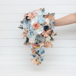 Bouquets in sky blue dusty terracotta beige color theme. Bridal bouquet. Faux bouquet. Bridesmaid bouquet. 5314