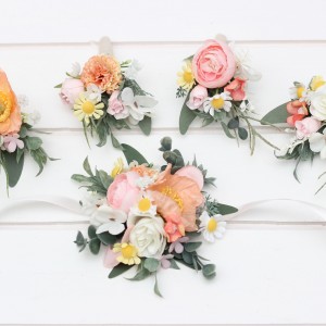  Wedding boutonnieres and wrist corsage  in blush pink white peach yellow color scheme. Flower accessories. 5301