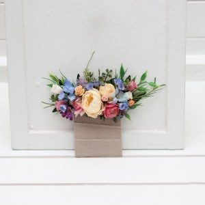 Pocket boutonniere in сream pink blue peach color scheme. Flower accessories. Pocket flowers. Square flowers. 5318