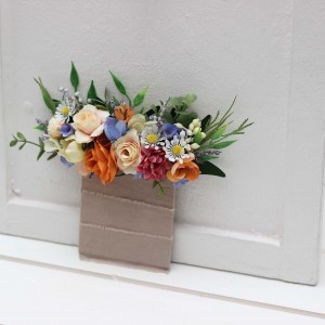 Pocket boutonniere in orange peach blue color scheme. Flower accessories. Pocket flowers. Square flowers. 5319